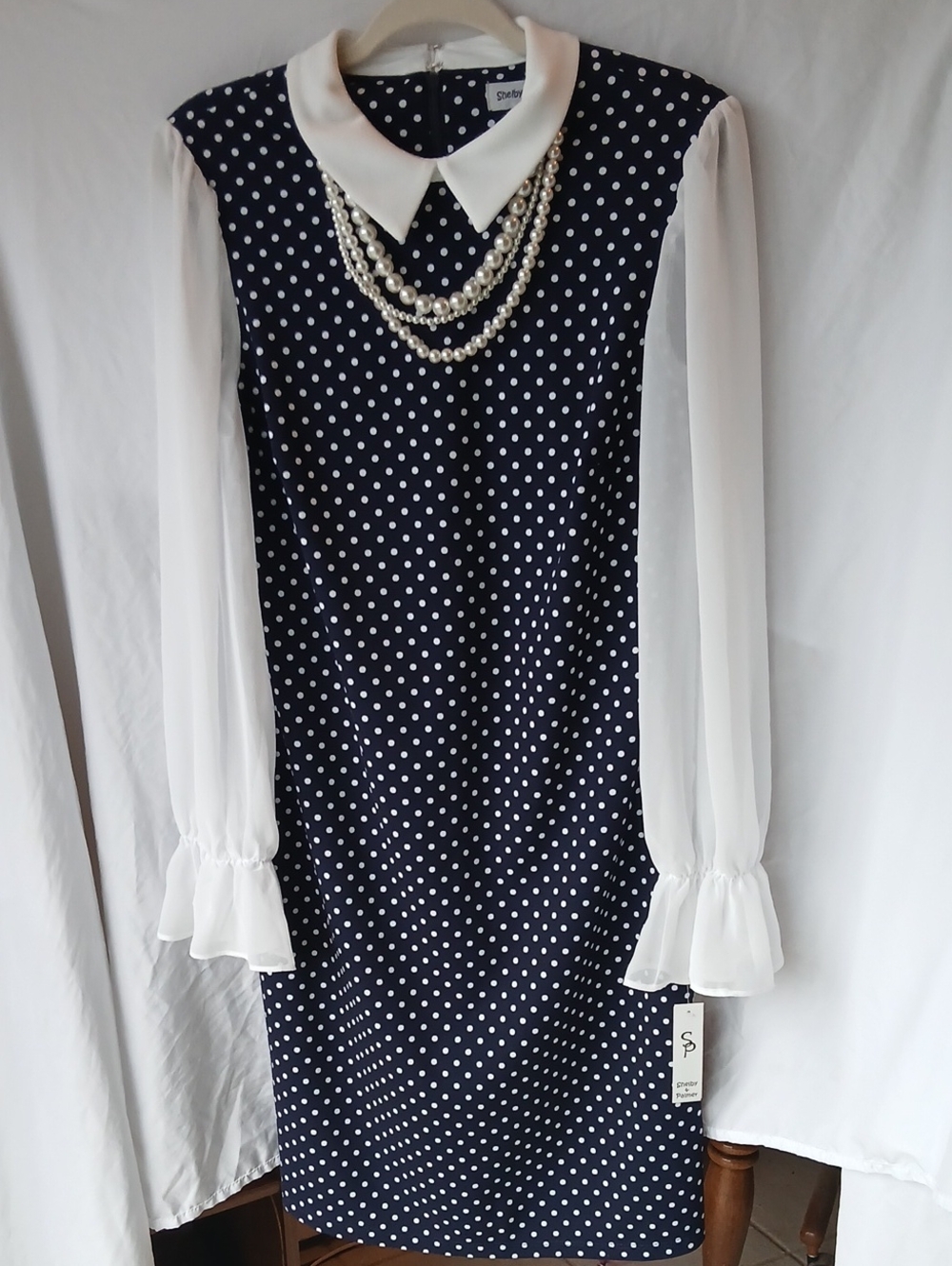 Shelby & Palmer Navy Polka Dot Dress with White Collar & Sheer Sleeves